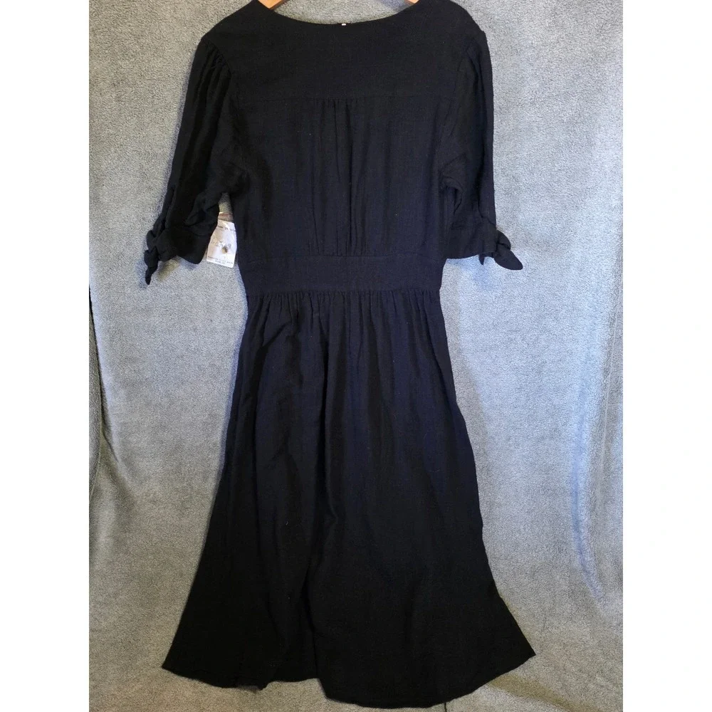Free People Love Of My Life Black Midi Dress Button Front Tie Sleeve OB1008307 M